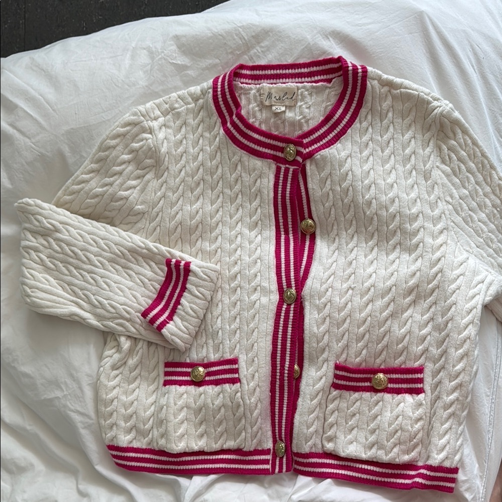 Cream and Pink Classic Knit Cardigan Sweater